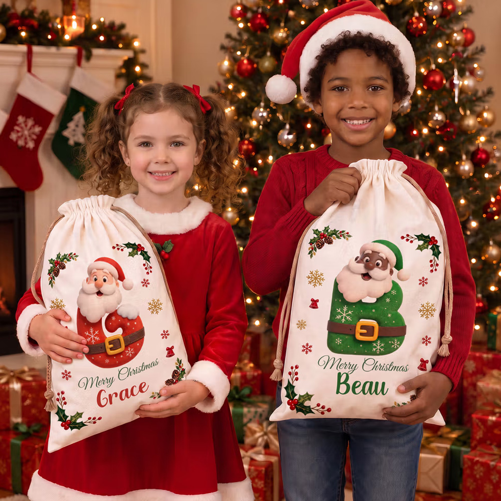 Personalized Merry Christmas Santa Claus Canvas Drawstring Gift Bag with Name and Initial Christmas Eve Gift for Kids