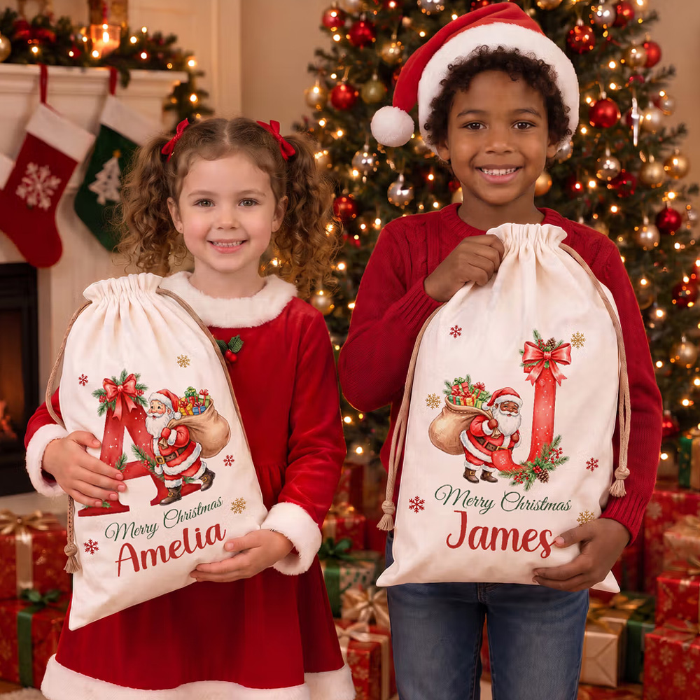 Personalized Merry Christmas Santa Claus Canvas Drawstring Gift Bag with Name and Initial Christmas Eve Party Gift for Kids