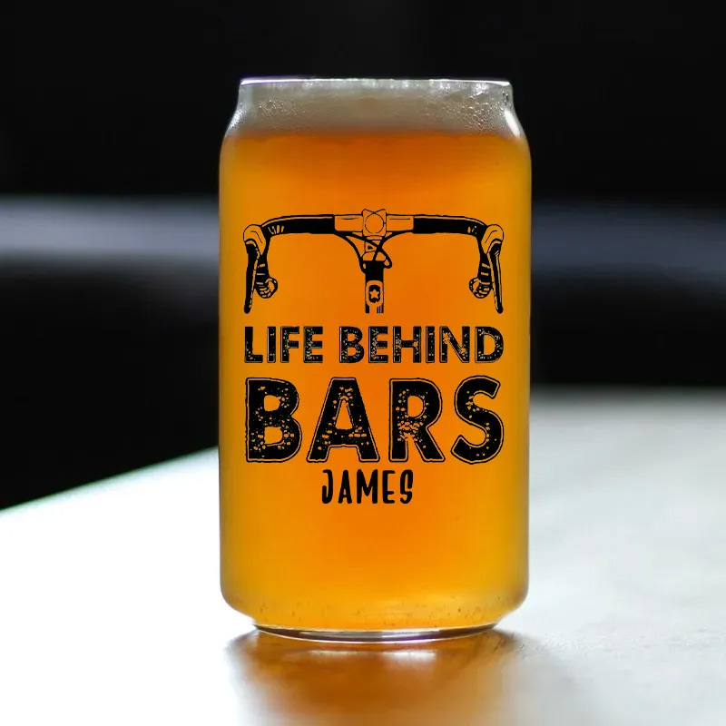 Personalized Life Behind Bars Bike Glass Bicycle Barware Screenprinted Pint Glass Beer Cycling Art Gift for Cyclists Biker Cycling Lovers