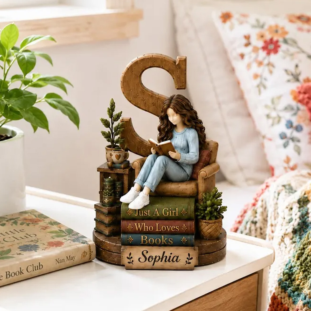 Personalized Book Lover Letter Decor Girl Reading On Chair Custom Name Initial Monogram Gift For Readers Bedroom Desk Shelf Home Ornament