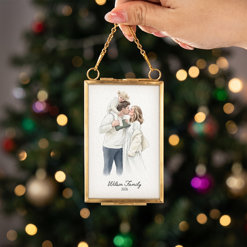 Personalized Family Picture Golden Frame Ornament Custom Watercolor Portrait Gifts Family Hanging Photo Frame Gift Christmas Decoration