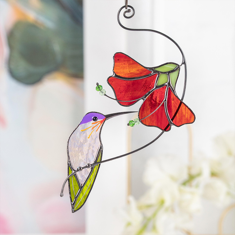 Personalized Hummingbird Stained Glass Sun Catcher Grandma Gifts Flower Stained Glass Window Hangings Gift for Mom Family