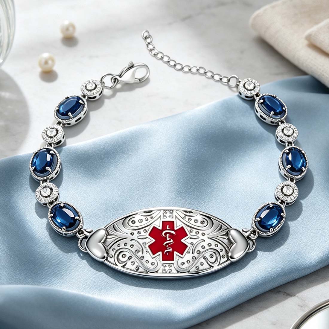 Silver Personalized Star of Life Medical Alert ID Emergency Multi-Layer Bracelet with Engraved Text Gift for Allergy Diabetic Women