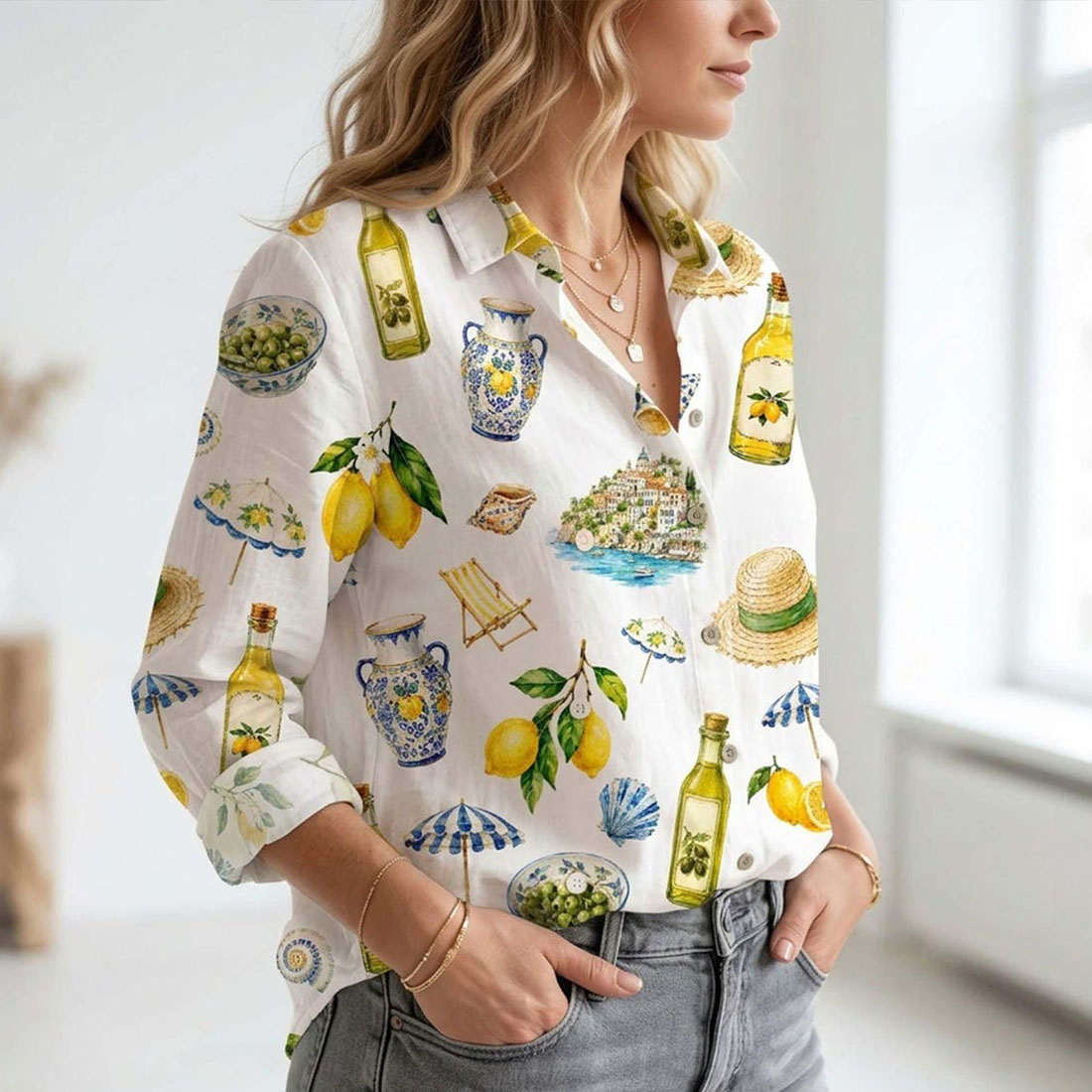 Italian Lemon Olive Women Blouse Shirt Italian Summer Lemon Button Down Shirt Italy Vacation Trip Shirt