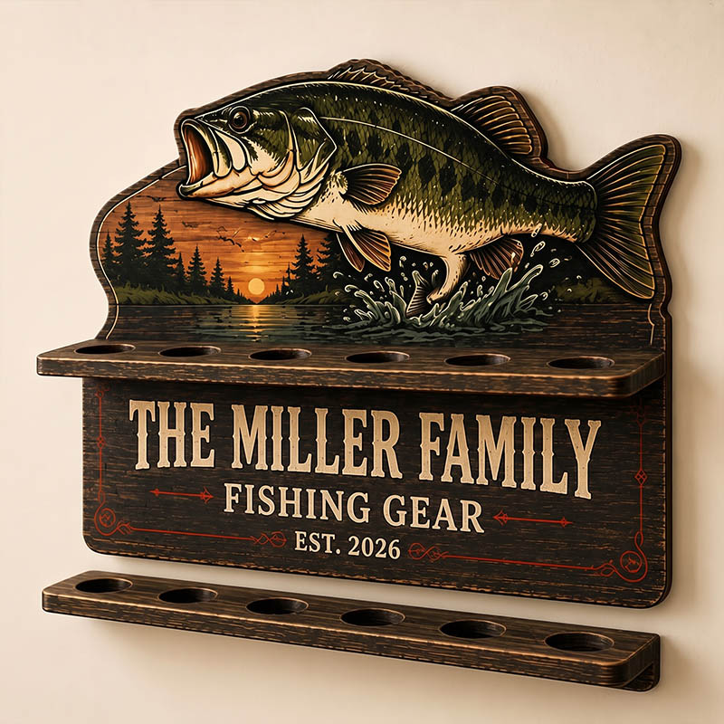 Personalized Bass Fishing Rod Holder Fishing Pole Rack Custom Fishing Gear Organizer Fisherman Gift for Dad Garage Cabin Wall Storage