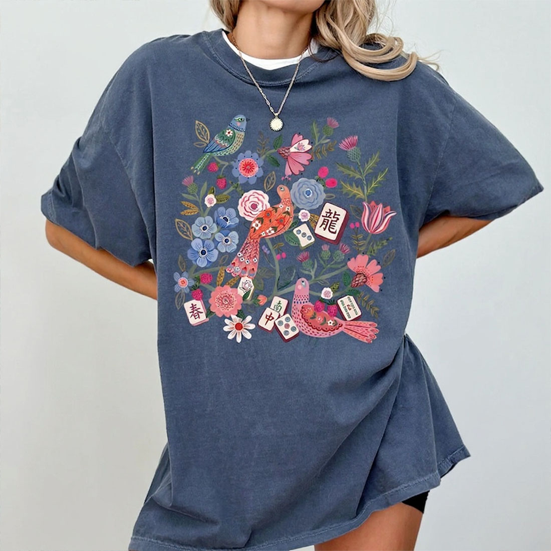Floral Mahjong Shirt Boho Hidden Tile Tee Crack Dot Bam subtle Tiles Mahj Crew Group Shirt