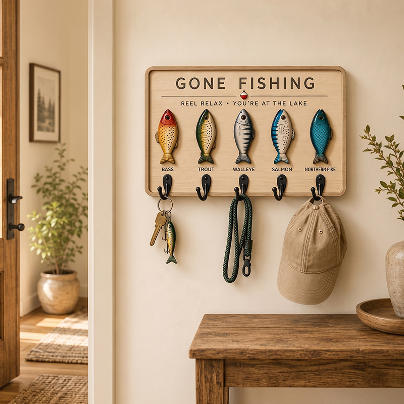 Personalized Family Fishing Key Holder Fish Key Rack Fisherman Gift Lake House Wall Decor Gone Fishing Key Organizer