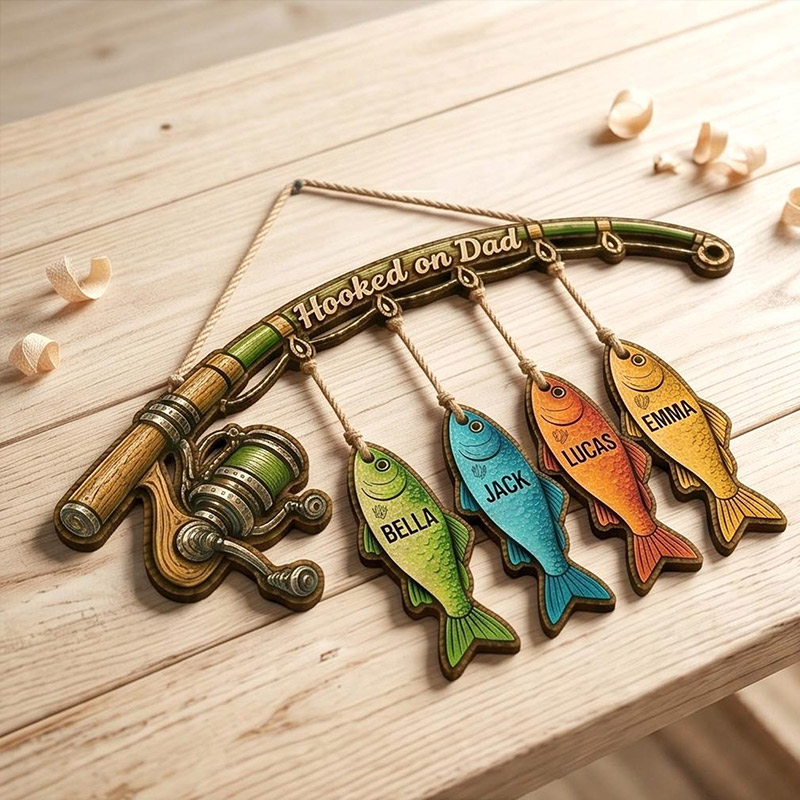 Personalized Fishing Wooden Door Sign Hooked On Dad Custom Fish Hanging Rustic Fisherman Family Decor