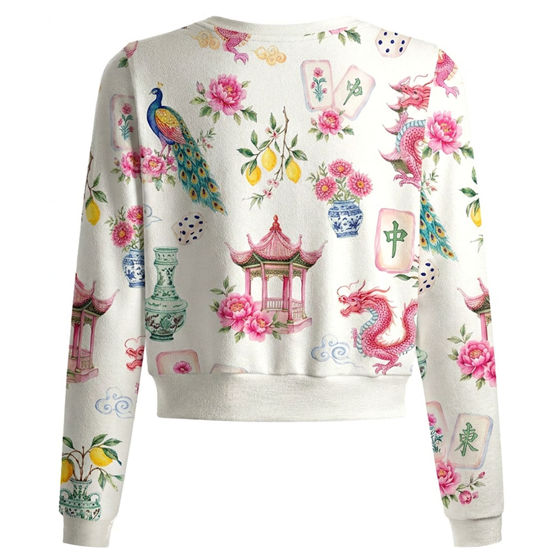 Retro Mahjong Women Crew Neck Cardigan Sweaters, Chinoiserie Pattern Crew Neck Cardigan Sweaters, Asian Art Short Crew Neck Cardigan Sweaters