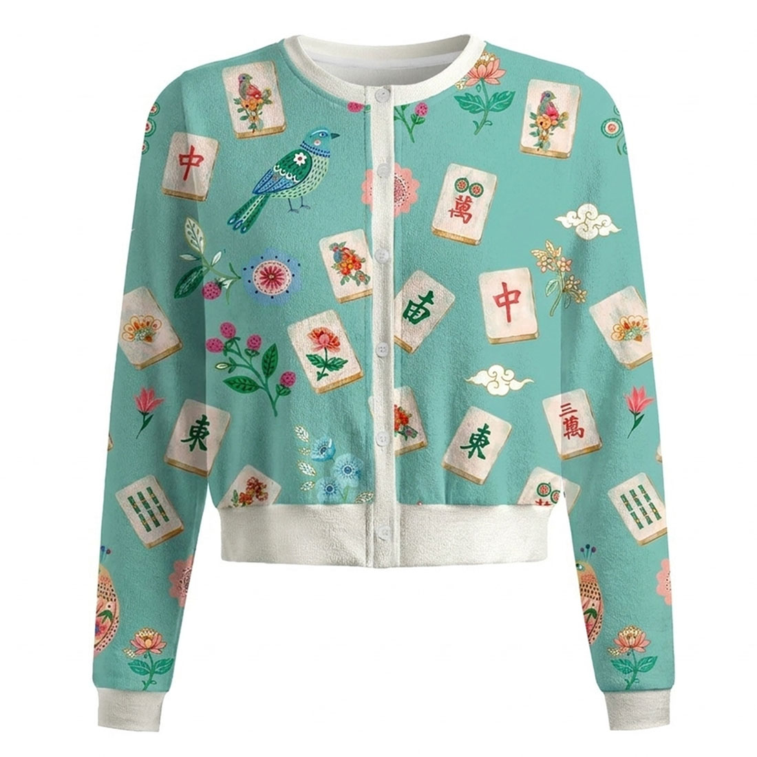 Retro Mahjong Women Crew Neck Cardigan Sweaters Chinoiserie Pattern Asian Art Short