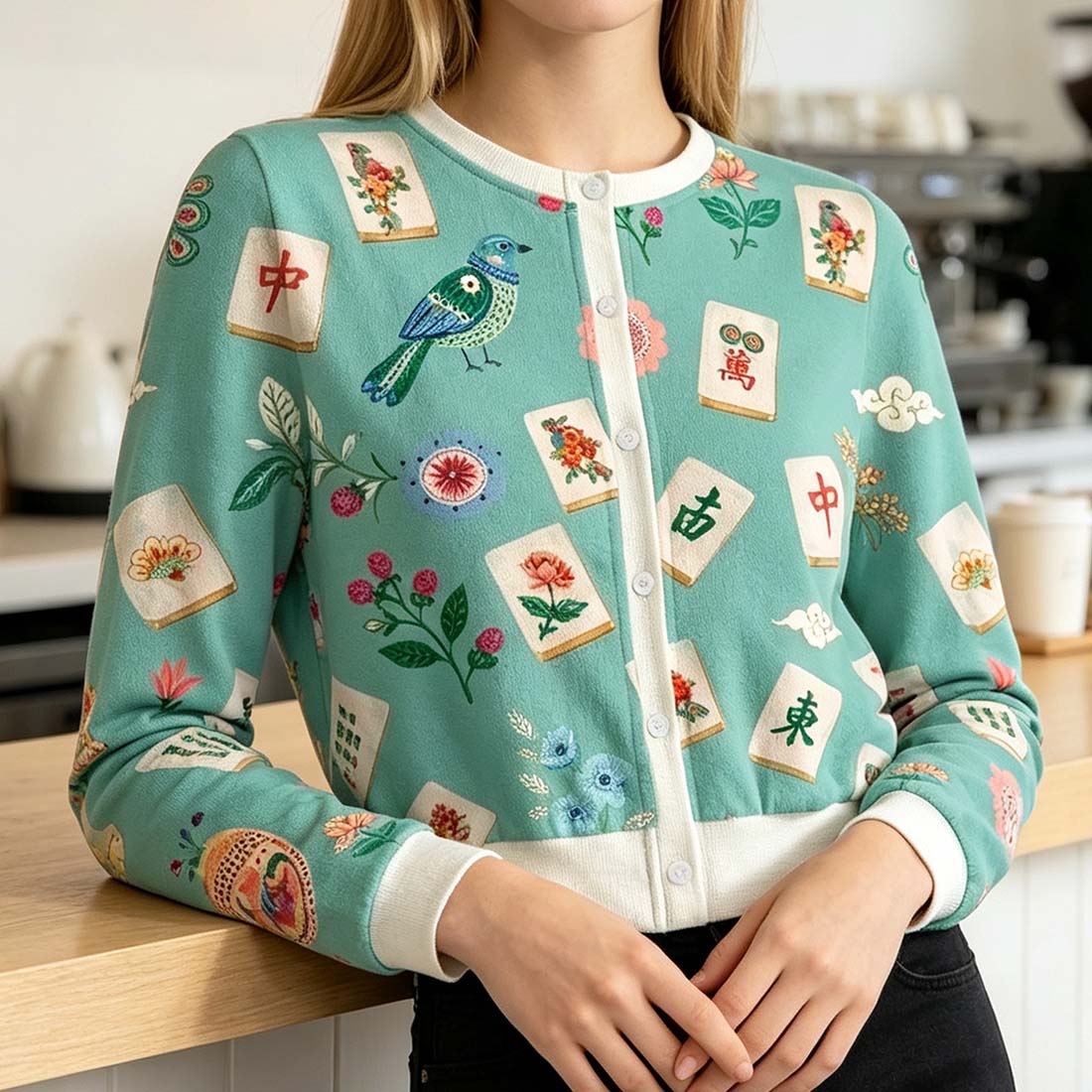 Retro Mahjong Women Crew Neck Cardigan Sweaters Chinoiserie Pattern Asian Art Short