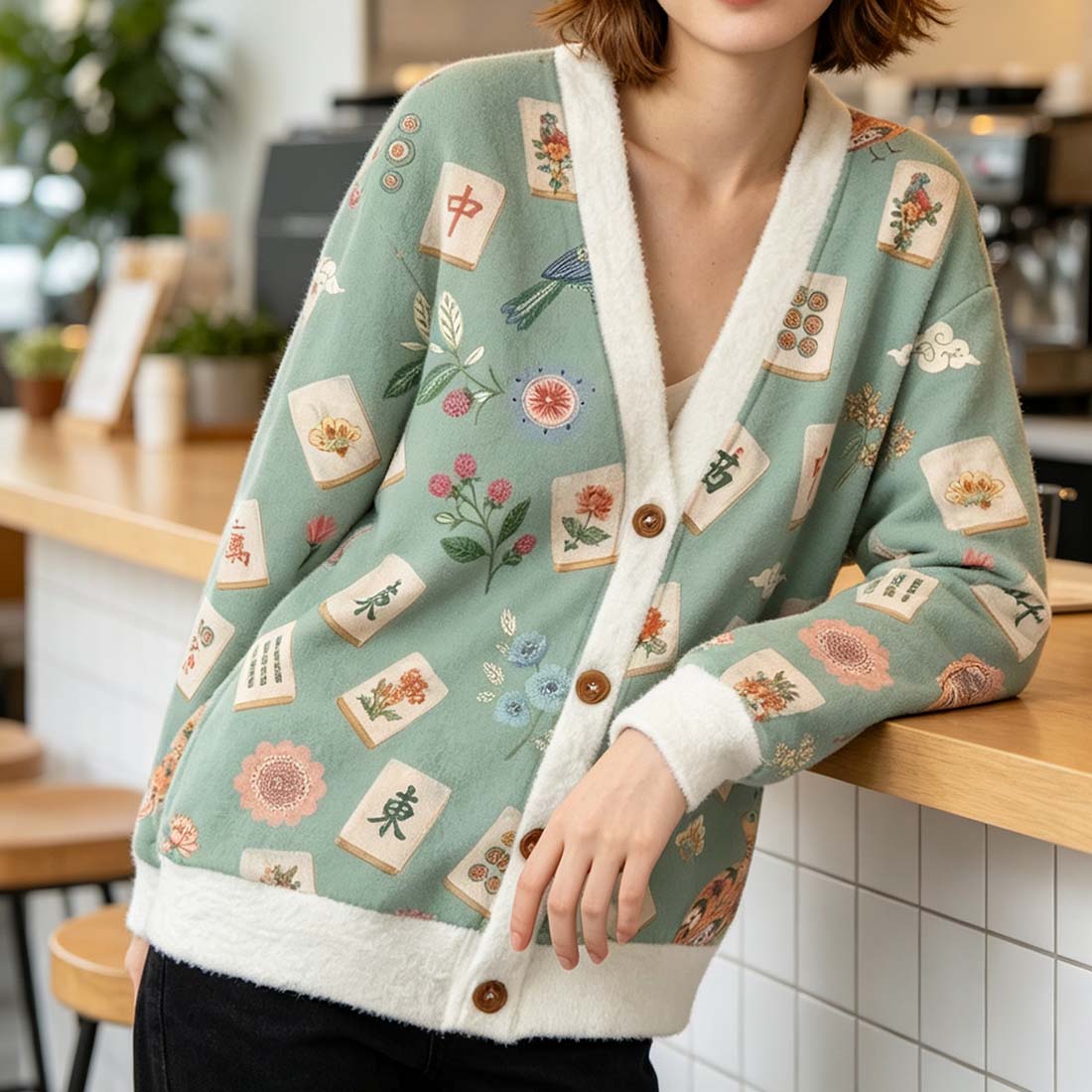 Retro Mahjong Women Light Knit Unisex Cardigan Sweaters Chinoiserie Pattern Asian Art Short