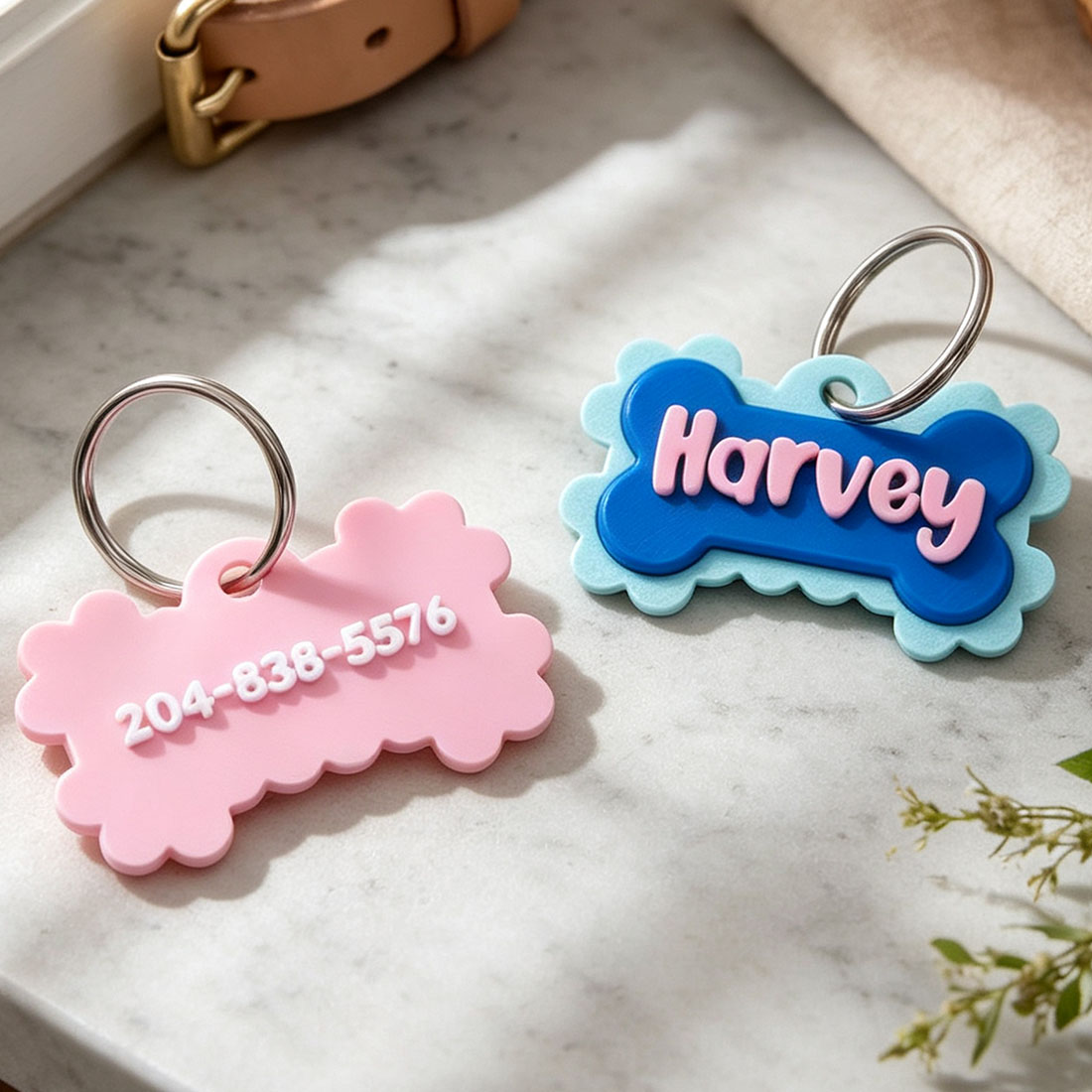 Personalized Multicolor 3D Printed Bone Pet Name Tag with Phone Number Dog ID Keychain