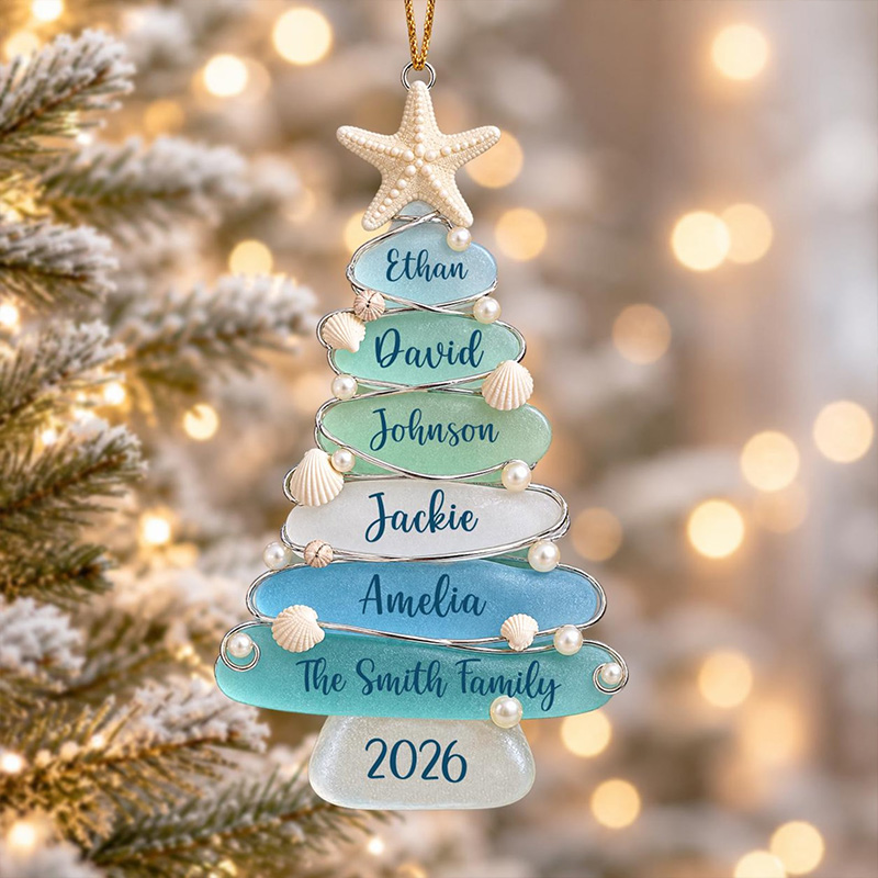 Personalized 2D Sea Glass Tree Family Ornament Coastal Christmas Keepsake Beach Holiday Decor Custom Family Names Gift Ornament