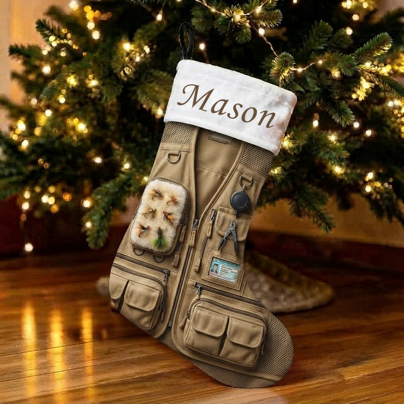Personalized Fly Fishing Vest Christmas Stocking, Custom Name Fishing Tackle Print Xmas Stocking with White Sherpa Cuff, Lake House Christmas Decor Gift for Fisherman Angler