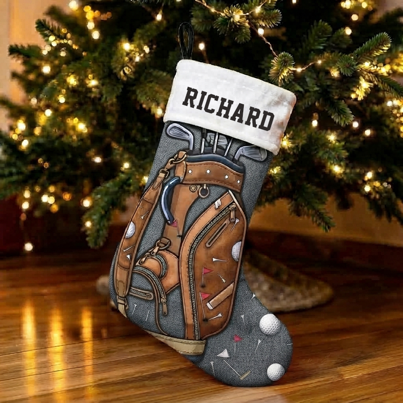 Personalized Golf Bag Christmas Stocking, Custom Name Golf Club Print Xmas Stocking with White Sherpa Cuff, Golf Lover Christmas Hanging Decor Gift for Golfer Dad