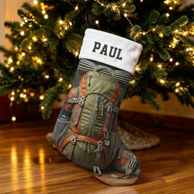 Personalized Hiking Backpack Christmas Stocking, Custom Name Outdoor Camping Rucksack Print Xmas Stocking with White Sherpa Cuff, Adventure Christmas Decor Gift for Hiker Camper