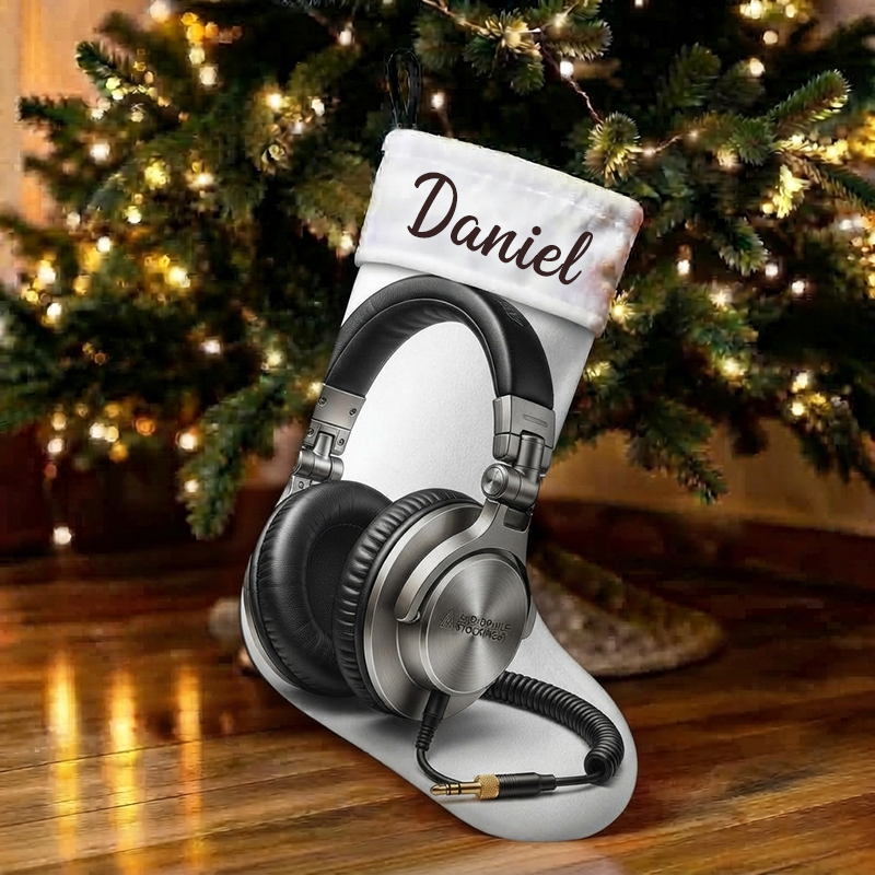 Personalized Studio Headphones Christmas Stocking, Custom Name DJ Over-Ear Headset Print Xmas Stocking with White Sherpa Cuff, Music Lover Christmas Hanging Decor Gift for Musician Producer