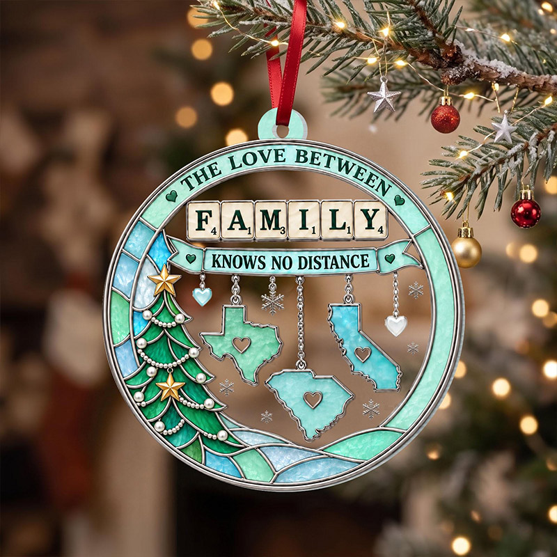 Personalized Family Christmas Ornament Family Love Knows No Distance Custom State Hanging Long Distance Embossed 2D Keepsake Family Gift