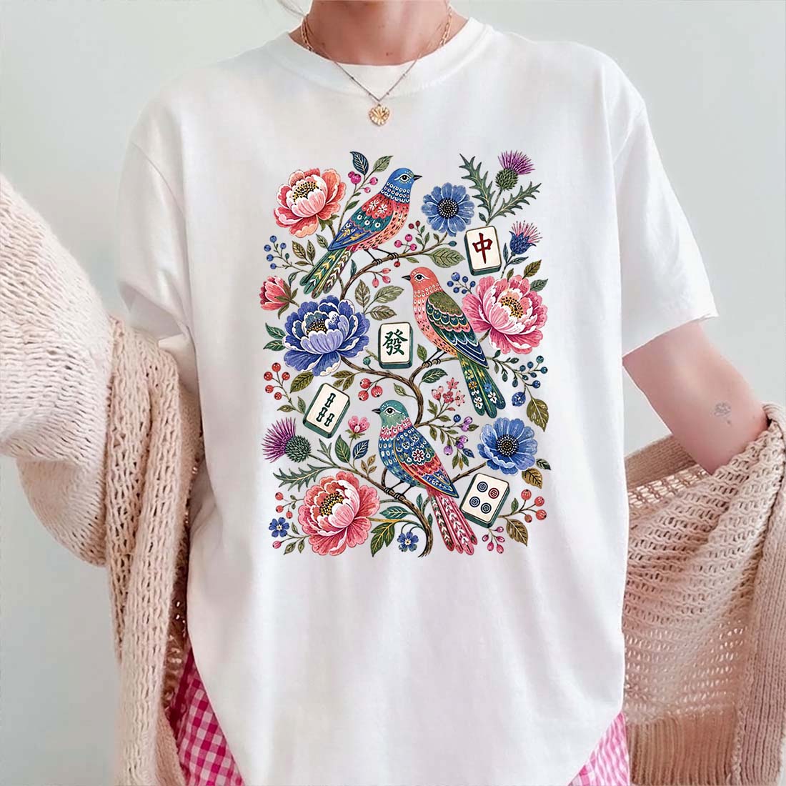 Mahjong Bird Floral Shirt Colorful Tile Game Tee
