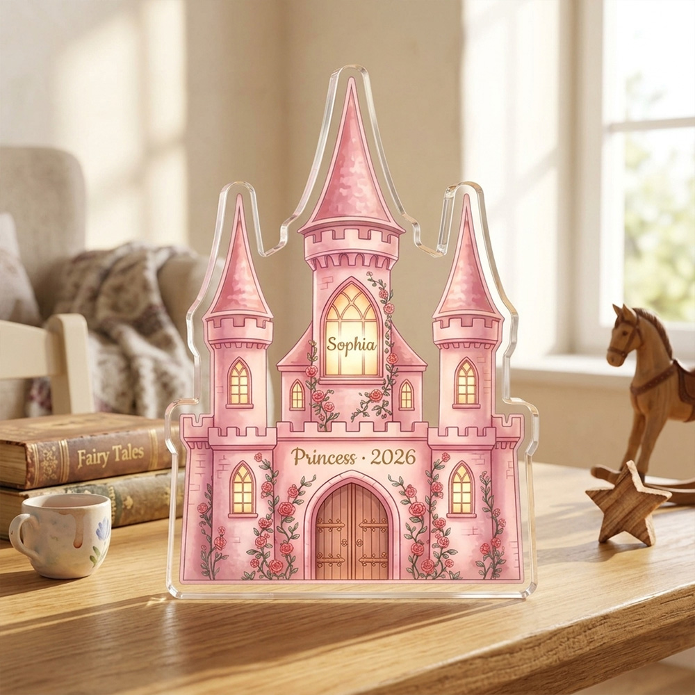 Personalized Princess Castle Acrylic Plaque Custom Name Christmas Palace Gift For Girls Kids Bedroom Nursery Fairy Tale Pink Decor Ornament
