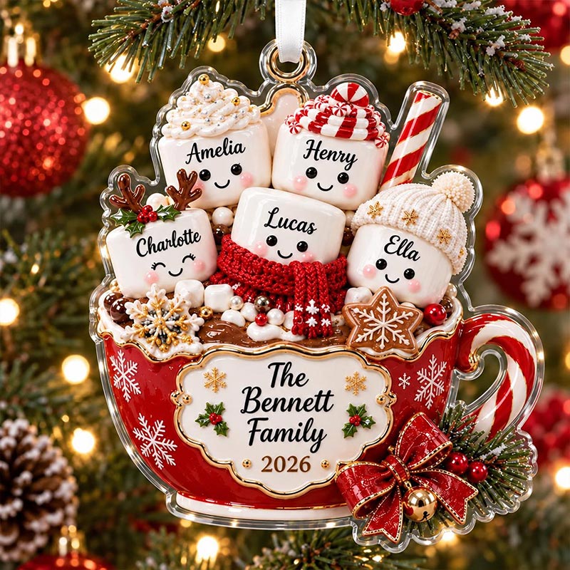 Personalized Family Christmas Ornament Hot Cocoa Marshmallow Keepsake Custom Name GIFT 2026 Holiday Tree Decor Family Gift for Parents