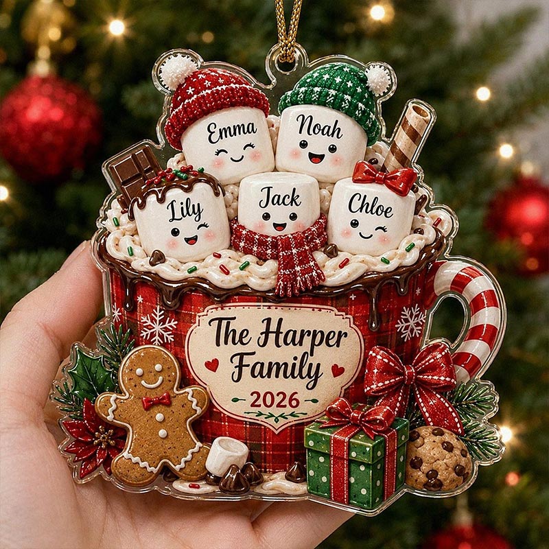 Personalized Marshmallow Family Ornament 2026 Custom Hot Cocoa Cup Acrylic Decor Christmas Tree Keepsake Gift