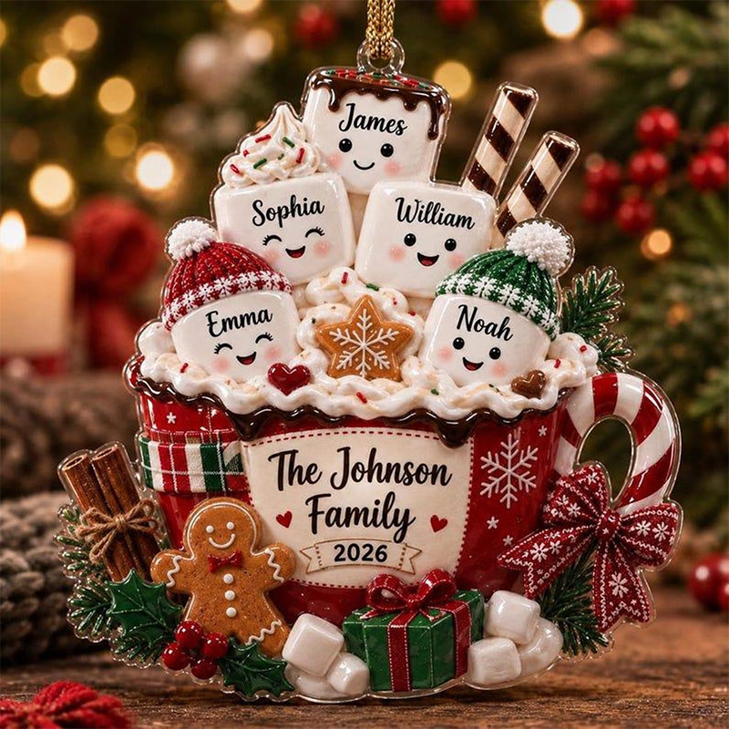 Personalized Acrylic Ornament Marshmallow Family 2026 Custom Family Name 2D Coffee Cup Christmas Decor Holiday Keepsake Gift