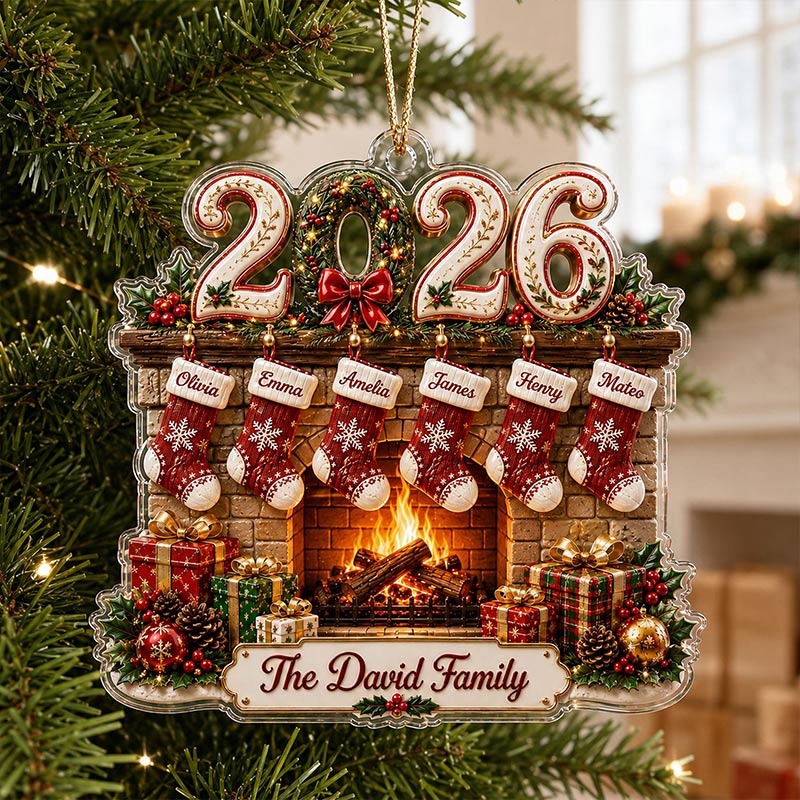 Personalized Family Christmas Acrylic Ornament 2026 Custom Family Name Fireplace Ornament 2D Stocking Ornament Christmas Gift