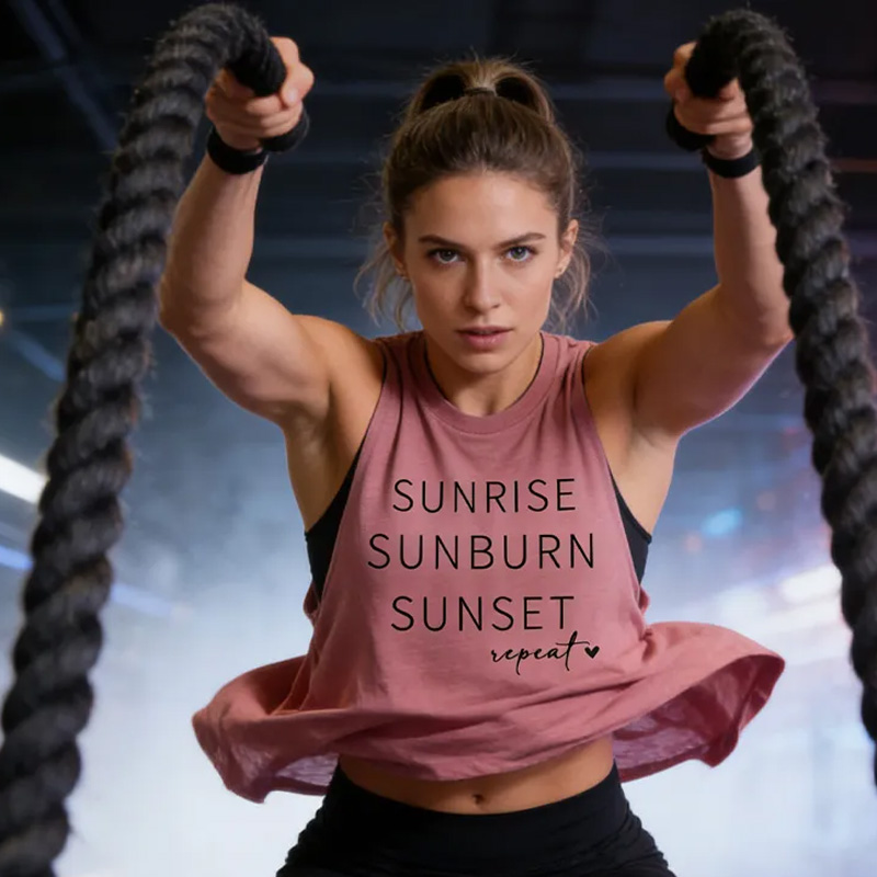 Personalized Sunrise Sunburn Sunset Repeat Tank Top Gym Funny Workout Crop Top for Women Minimalist Shirt for Weightlifting or Fitness Motivation Gym Lover