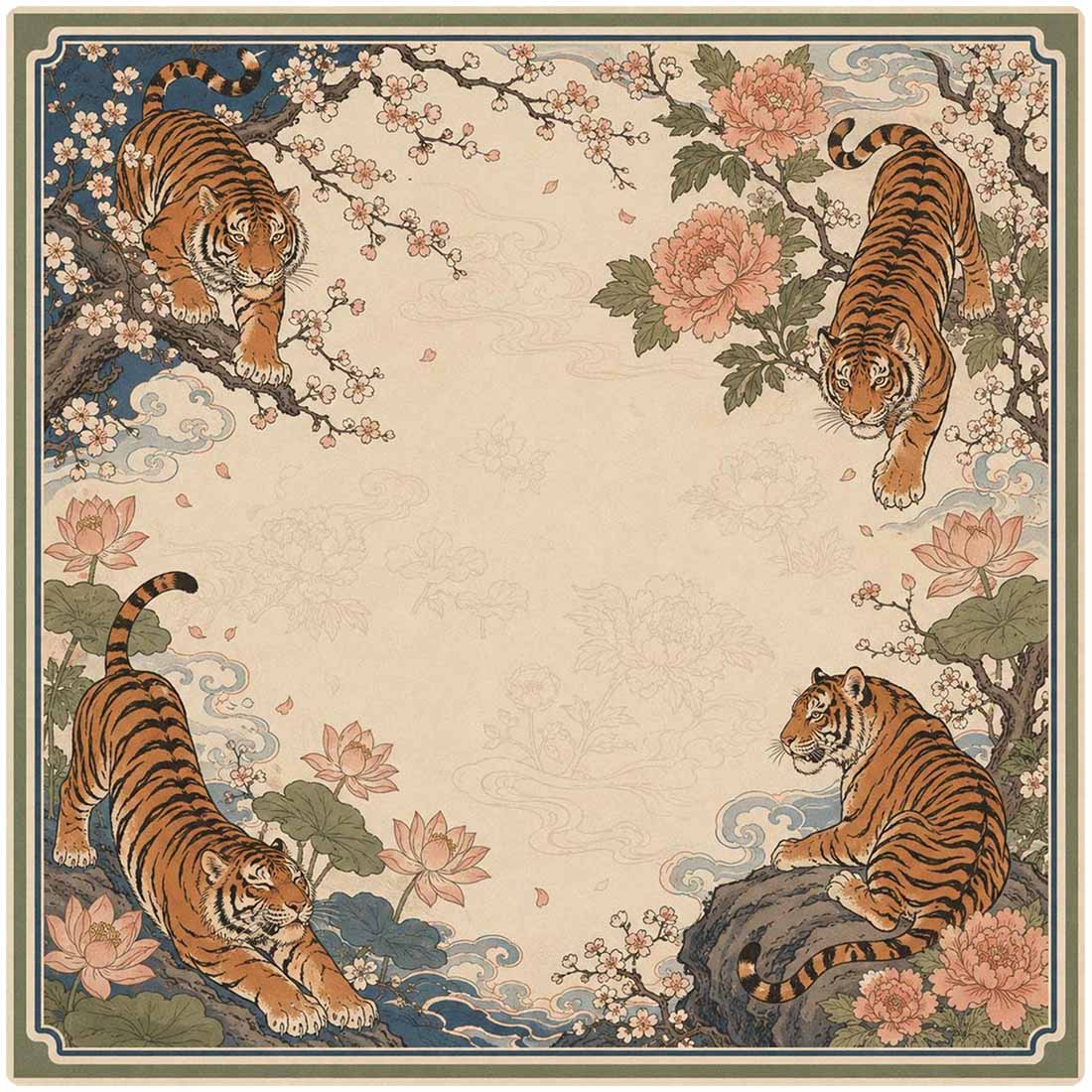 Tiger Garden Mahjong Mat Vintage Asian Floral Mahjong Mat Tiger Game Mat Chinoiserie