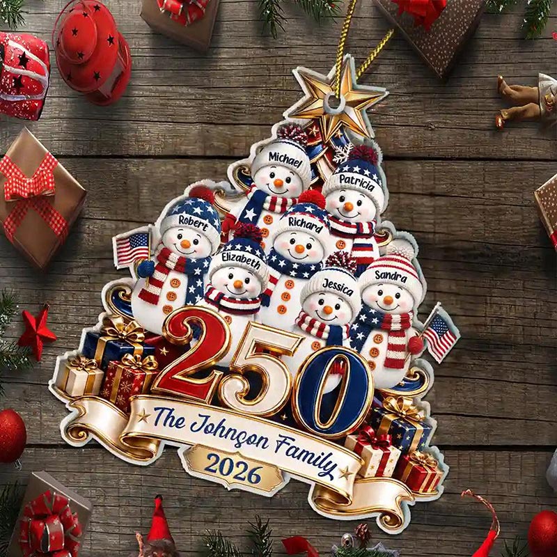 Personalized 250 Years Of Freedom Christmas Ornament Snowman with Family Names Custom Acrylic Keepsake Patriotic Family Holiday Gift