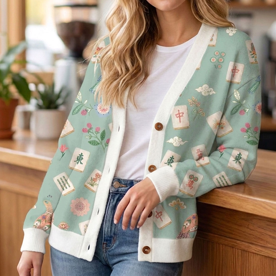 Retro Mahjong Women Light Knit Unisex Cardigan Sweaters Chinoiserie Pattern Asian Art Short
