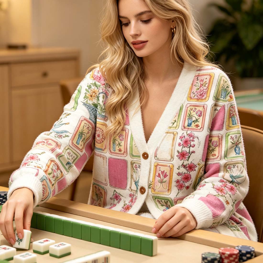 Retro Mahjong Women Light Knit Unisex Cardigan Sweaters  Chinoiserie Pattern Button Down Asian Art