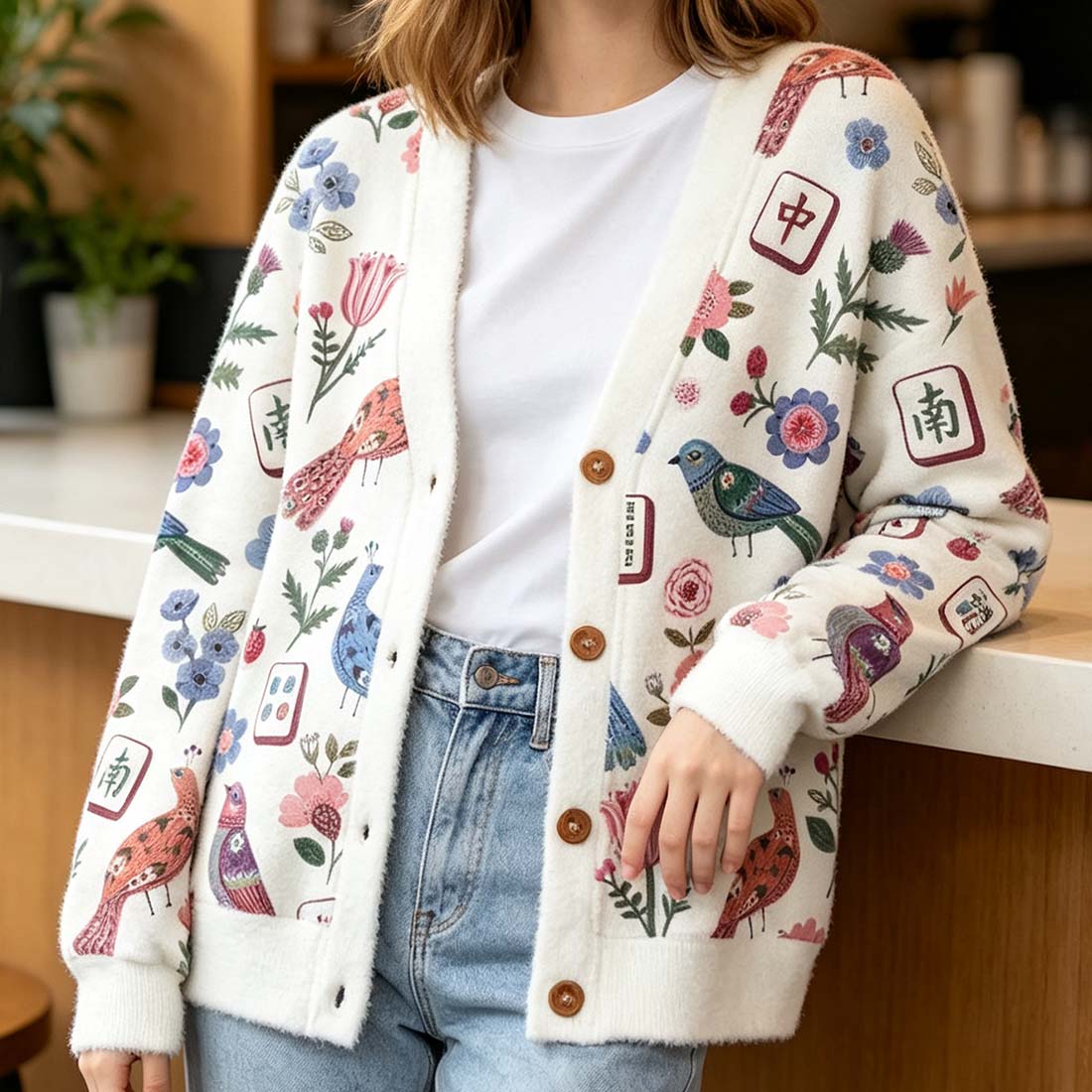 Mahjong Floral Birds Retro Mahjong Women Light Knit Unisex Cardigan Sweaters  Chinoiserie Pattern Button Down Asian Art