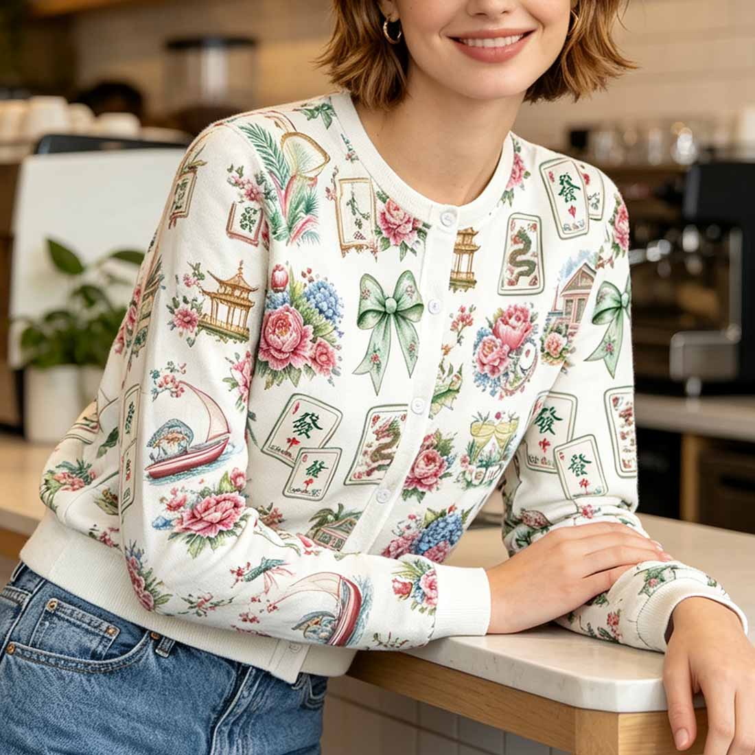 Retro Mahjong Women Crew Neck Cardigan Sweaters Chinoiserie Pattern Asian Art Short