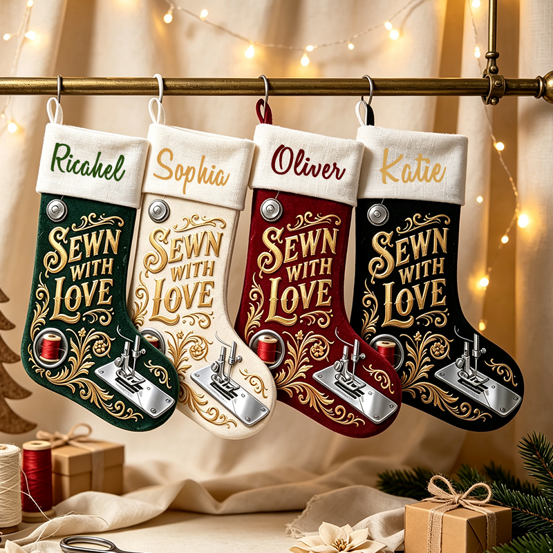 Personalized Sewing Themed Christmas Stocking, Sewn With Love Custom Name Xmas Stocking
