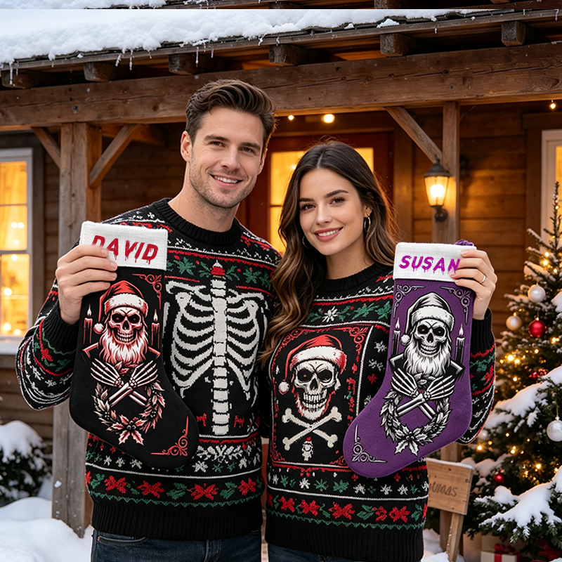 Personalized Skeleton Santa Christmas Stocking, Custom Name Gothic Xmas Stocking, Spooky Dark Holiday Decor, Gift for Goth Lover, Family Fireplace Hanging Sock
