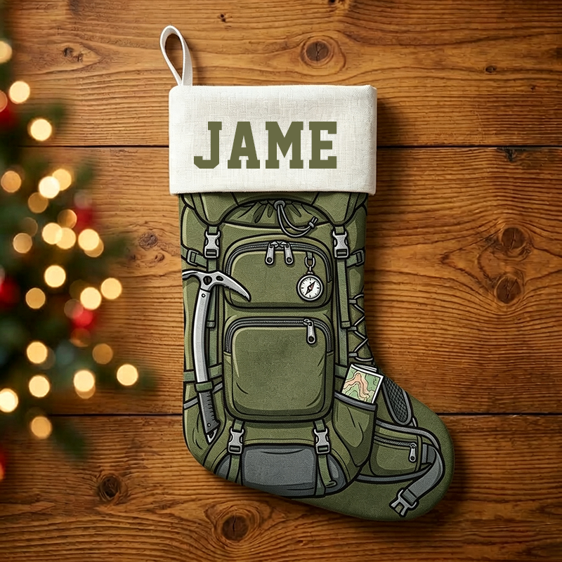 Personalized Hiking Backpack Christmas Stocking, Custom Name Outdoor Camping Xmas Stocking, Adventure Themed Christmas Decor Gift for Hiker Camper