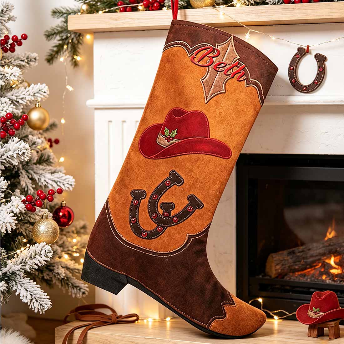 Personalized Cowboy Boot Christmas Stocking Faux Suede Printed Western Holiday Decor