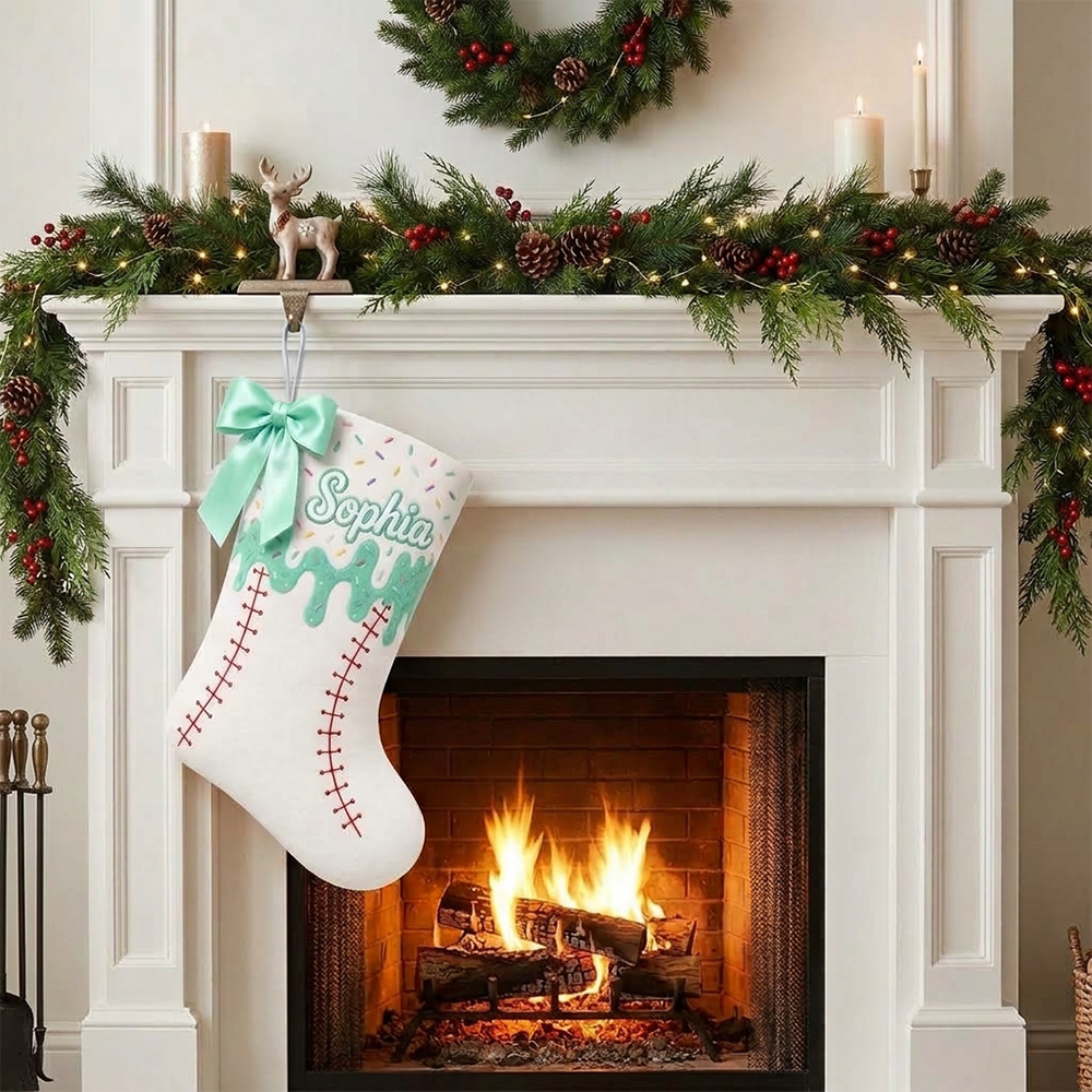 Personalized Pastel Baseball Christmas Stocking with Name and Bow