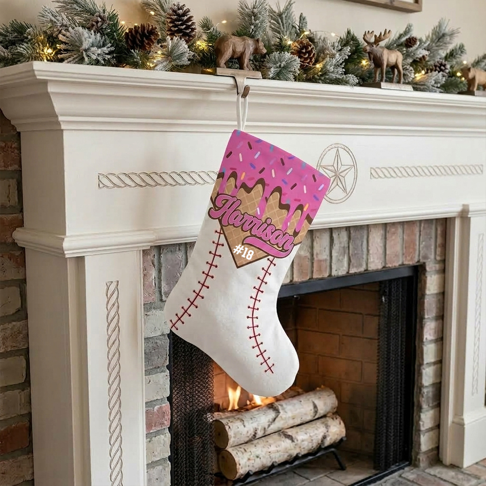 Personalized Ice Cream Baseball Christmas Stocking with Name and Number