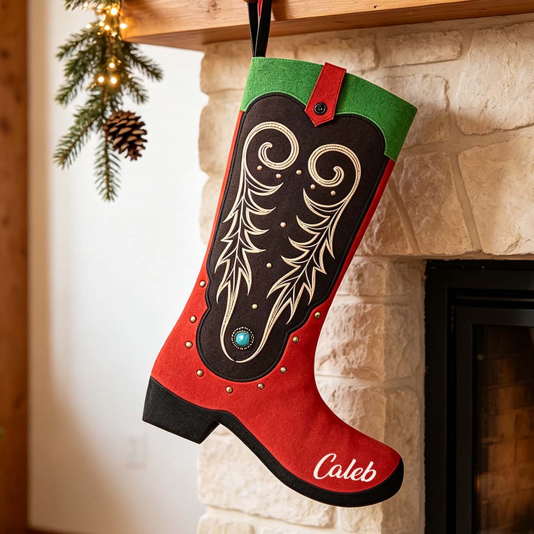Cowboy Boot Christmas Stocking Faux Suede Printed Western Holiday Decor