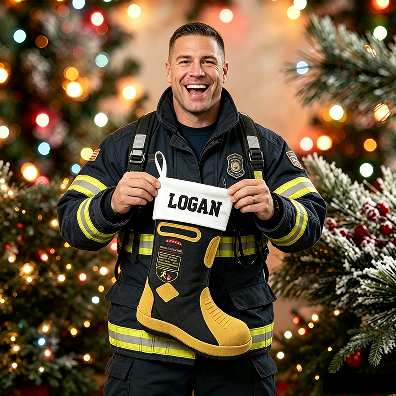 Personalized Firefighter Boot Christmas Stocking, Custom Name Fireman Christmas Stocking, Fire Department Xmas Sock, Firefighter Family Christmas Decor, Custom Holiday Gift
