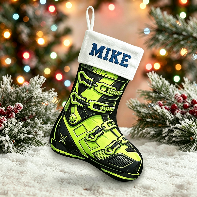 Personalized Ski Boot Christmas Stocking, Custom Name Skiing Christmas Stocking, Gift for Skiers, Winter Sports Family Holiday Mantel Decor
