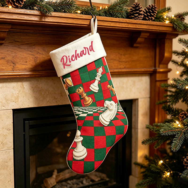 Personalized Name Chess Christmas Stocking, 3D Chess Pieces Checkerboard Pattern Custom Holiday Stocking, Customized Christmas Decor Gift for Chess Lovers, Family Christmas Mantel Decoration