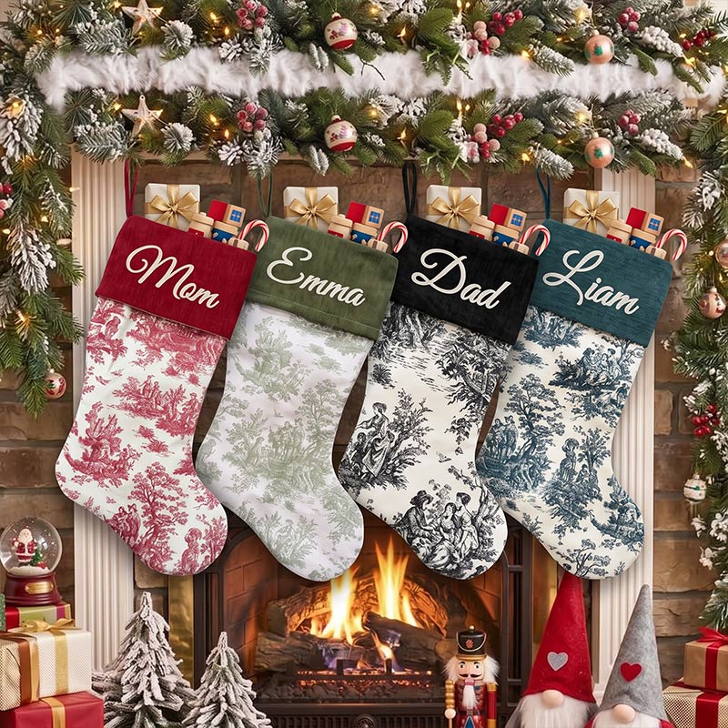 Personalized Toile Christmas Stockings Custom French Country Holiday Decor Farmhouse Stockings Elegant Monogrammed Name Stocking Family Christmas Gift