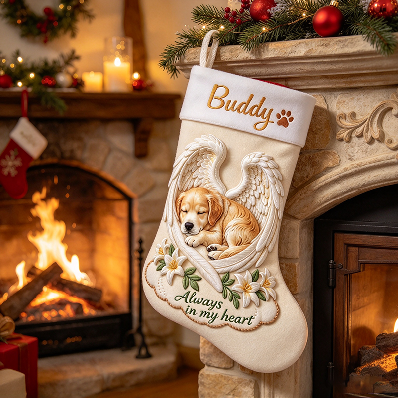 Personalized Pet Memorial Christmas Stocking, Angel Dog With Wings Custom Name Xmas Sock, Always In My Heart Remembrance Gift For Loss Of Dog