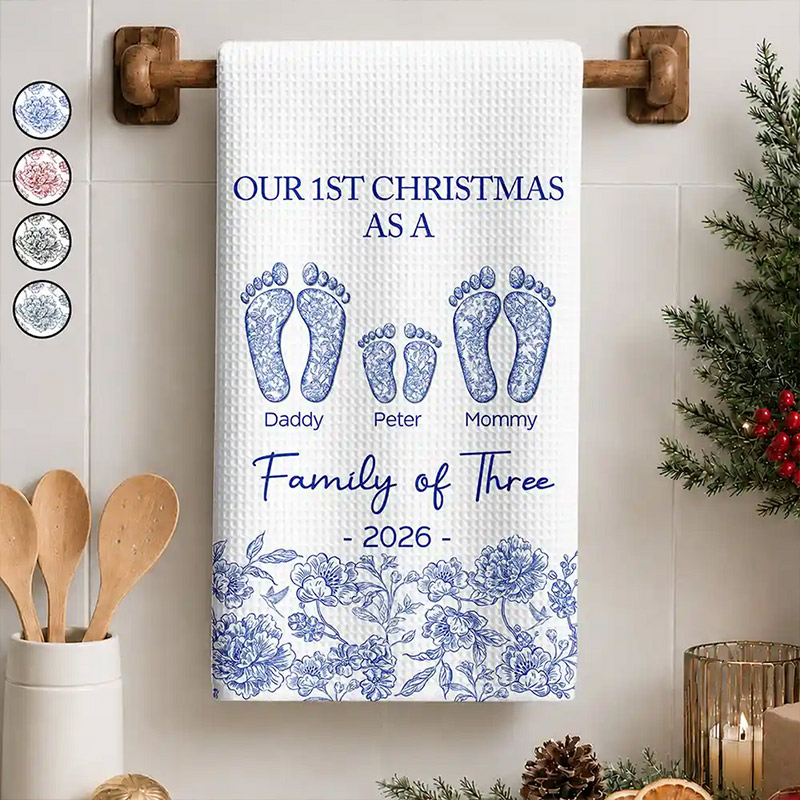Personalized First Christmas As A Family Of Four Toile Footprints Kitchen Towel Custom Family Kitchen Towel Christmas Gift for Mom Dad Grandparents