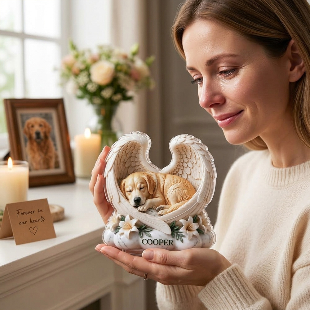 Personalized 3D-Effect Artwork Dog Cat Pet Photo Angel Wings Clear Acrylic Plaque with Name Memorial Gift for Pet Owners Lovers